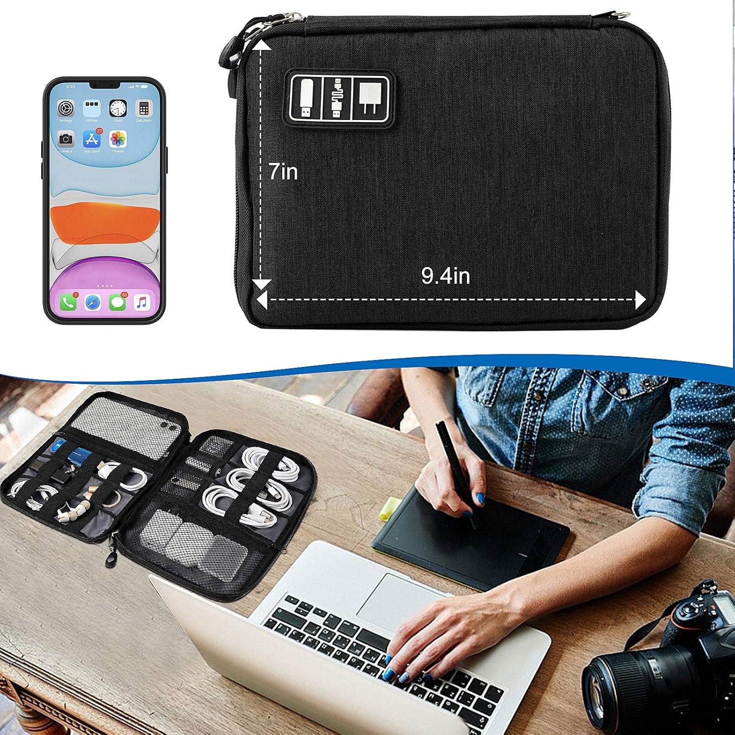 Travel Cable Organizer Bag Waterproof Portable Electronic Accessories Organizer for USB Cable Cord Phone Charger Headset Wire SD Card with 5Pcs Cable Ties(Black)