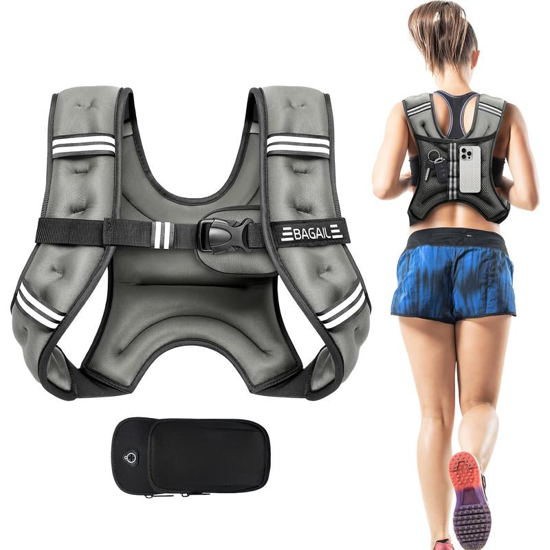 BAGAIL Weighted Vest, 5Lbs/8Lbs/10Lbs/12Lbs/15Lbs/20Lbs/25Lbs/30Lbs Weight Vest with Detachable Phone Pouch, Rucking Vest for Women, Men, Walking, Weight Loss, Training, Running Glute Workout Equipment Sweat Fitness Belt